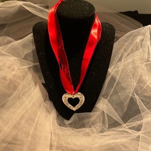 Valentine ready silver toned heart on double red ribbon ❤️